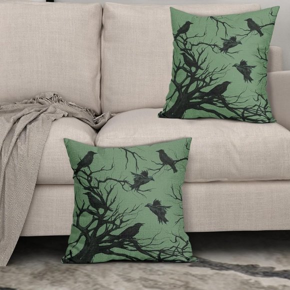 Set 2 Green Black Crow Pillow Covers 18" Square Pillows Crows Ravens Gothic New - Picture 8 of 12